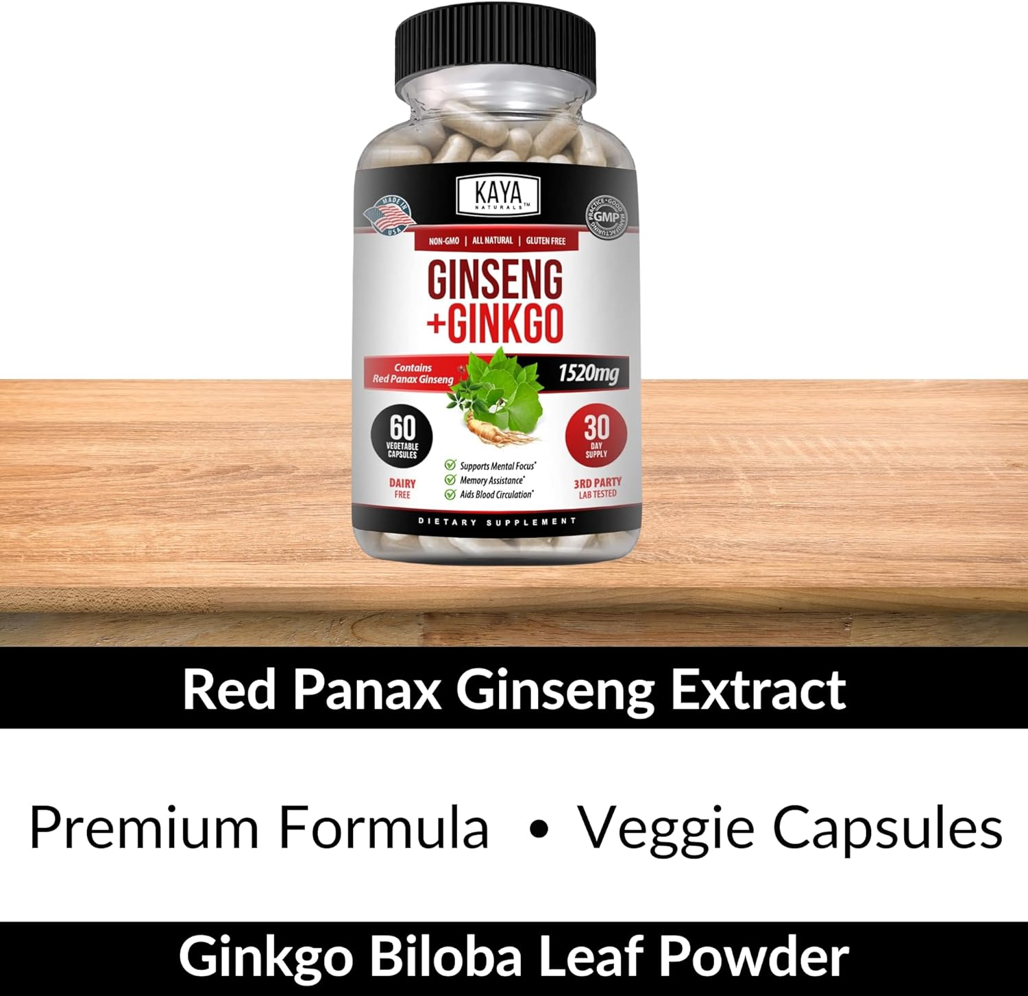 Kaya Naturals Red Panax Ginseng + Ginkgo Biloba | Nootropic Brain Supplement | Cognitive and Concentration Support | Brain Booster, Focus, and Memory Supplement | 60 Capsules : Health & Household