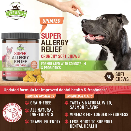 Strawfield Pets' Super Dog Allergy Relief Soft Chews with Pre & Probiotics & Colostrum + More Salmon Fish Oil for Dogs Natural Supplement for Dry Itchy Skin Relief Salmon Flavor 90 Count