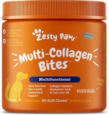 Zesty Paws Multi Collagen Soft Chews For Dogs - For Hip, Joint & Cartilage Support + Skin Health - With Collagen - Plus Eggshell Membrane, Vitamin C & Hyaluronic Acid - 90 Count