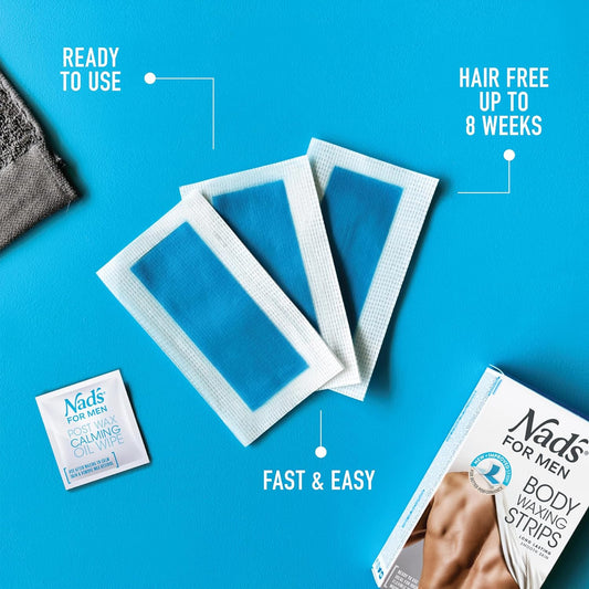 Nad's For Men Body Wax Strips - Wax Hair Removal For Men - At Home Waxing Kit With 20 Waxing Strips + 2 Calming Oil Wipes