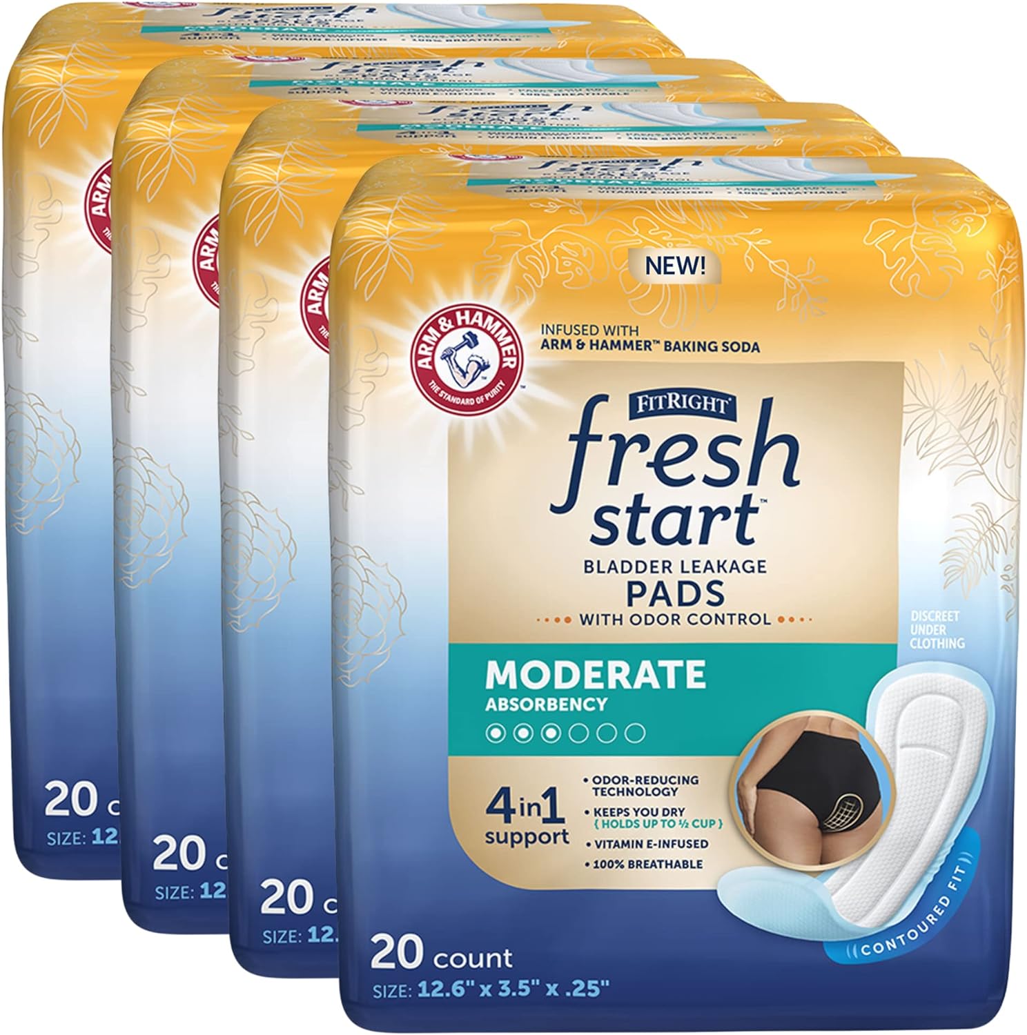 FitRight Fresh Start Urinary and Postpartum Incontinence Pads for Women, Moderate Absorbency, with Arm & Hammer Baking Soda, 80 Count (4 Packs of 20)