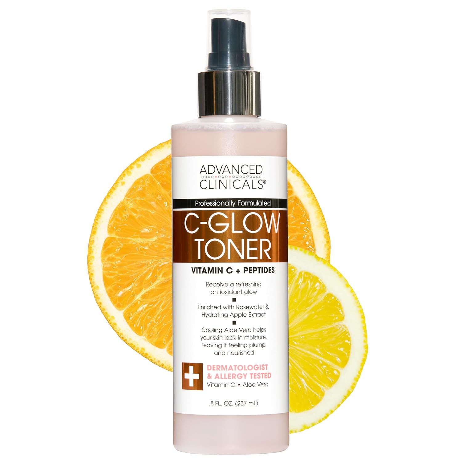Advanced Clinicals Vitamin C Glow Facial Mist Toner For Face W/Rosewater, Ferulic Acid, & Peptides. Vitamin C Antioxidant Moisturizer Face Mist Provides Instant Skin Hydration, Non-Greasy, 8 Fl Oz