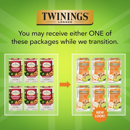 Twinings Superblends Supportive Ginger - Lime & Ginger Flavoured Herbal Wellness Tea, Caffeine-Free, 18 Tea Bags (Pack Of 6), Enjoy Hot Or Iced