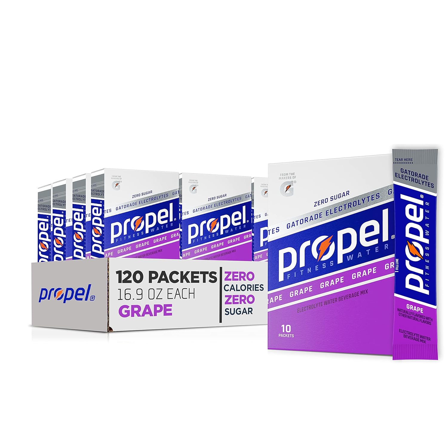 Propel Powder Packets Grape, With Electrolytes, Vitamins And No Sugar, 10 Count (Pack Of 12) (Packaging May Vary)