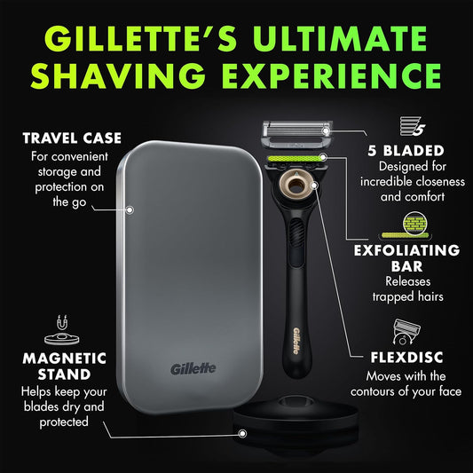 Gillettelabs With Exfoliating Bar By Gillette Mens Razor, 5 Bladed, Closeness And Comfort, Includes Travel Case And Stand, Handle + 3 Blade Refills
