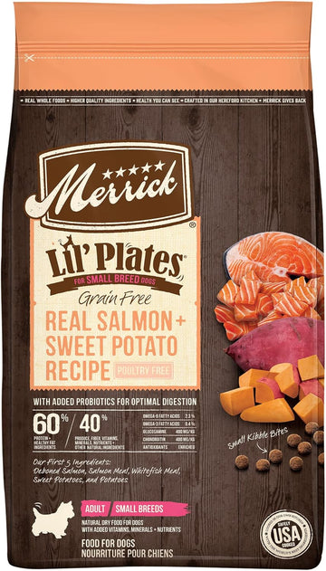 Merrick Lil’ Plates Premium Grain Free Dry Dog Food For Small Dogs, Real Salmon And Sweet Potato Kibble - 4.0 Lb. Bag