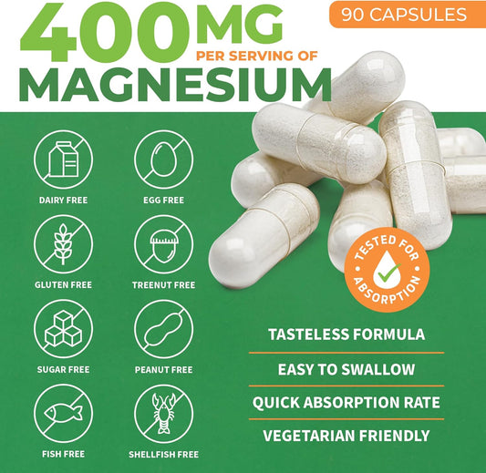 Pure Magnesium Glycinate 400Mg Serving - High Absorption Magnesium Glycinate - Mag Bisglycinate For Stress, Bones, Muscles, Nerves, Sleep, Relaxation & Heart Health, Non Gmo & Gluten Free 90 Capsules
