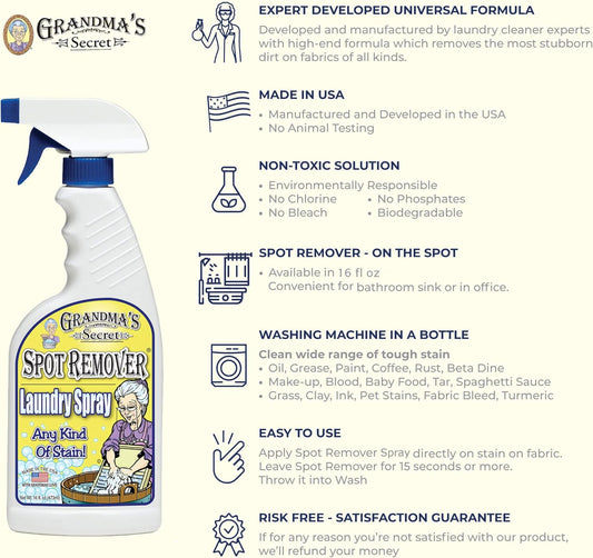 Grandma's Secret Spot Remover Laundry Spray - Chlorine, Bleach and Toxin-Free Stain Remover - Stain Remover for Clothes - Fabric Stain Remover Removes Oil, Paint, Blood and Pet Stains - 16 Oz, 3 Pack