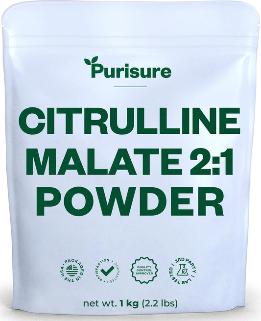 Purisure Citrulline Malate 2:1 Powder, 1 kg, Citrulline Supplement and Citrulline Nitrate for Strength Performance and Energy, Pre-Workout L Arginine L Citrulline Supplement Powder, 334 Servings : Health & Household