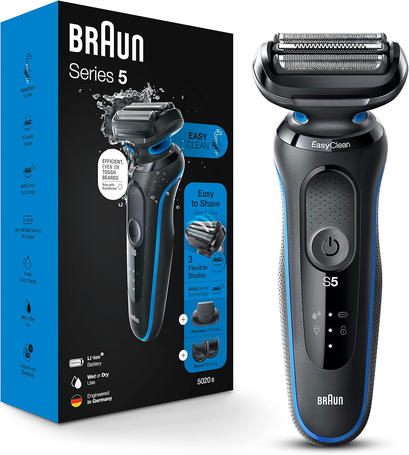 Braun Series 5 5020 Electric Razor For Men Foil Shaver With Beard Trimmer, Rechargeable, Wet & Dry With Easyclean, Black