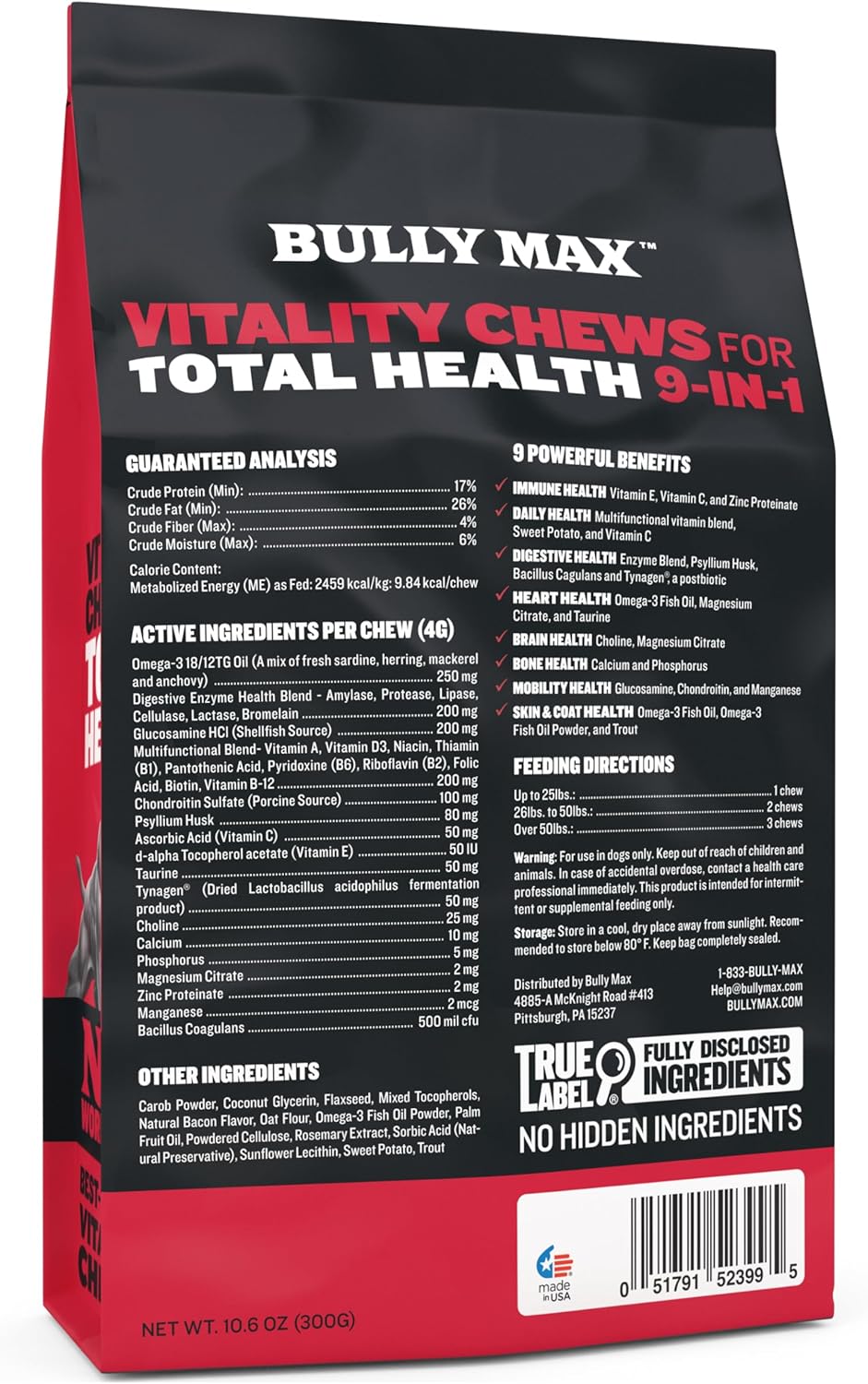 Bully Max 9-in-1 Total Health Dog Chews - Puppy & Adult Dog Multivitamin Treats - Omega 3 Vitamin Supplements for Immunity, Brain, Heart, Joint & Digestive Health for All Breeds - 75 Soft Chews/Bag : Pet Supplies