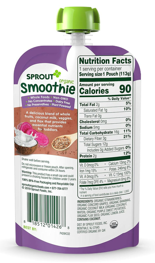 Sprout Organic Toddler Smoothie, Dairy Free Berry Grape, 4 Ounce Pouch (Pack Of 6)
