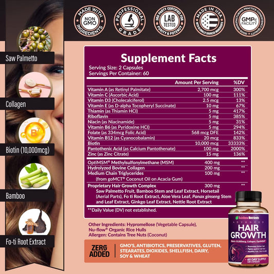Hair Growth Vitamins For Women | Biotin 10,000Mcg, Collagen, Patented Optimsm®, Gomct®, Saw Palmetto | Naturally Regrow Stronger & Healthier Hair, Skin And Nails | Stops Hair Loss | 60 Day Supply