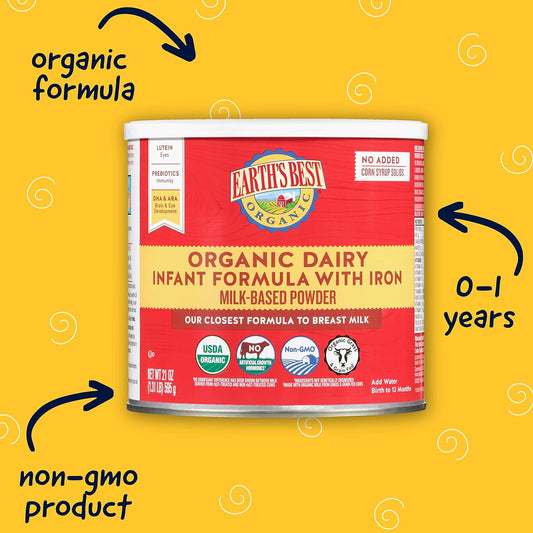 Earth'S Best Organic Baby Formula For Babies 0-12 Months, Powdered Dairy Infant Formula With Iron, Omega-3 Dha, And Omega-6 Ara, 21 Oz Formula Container