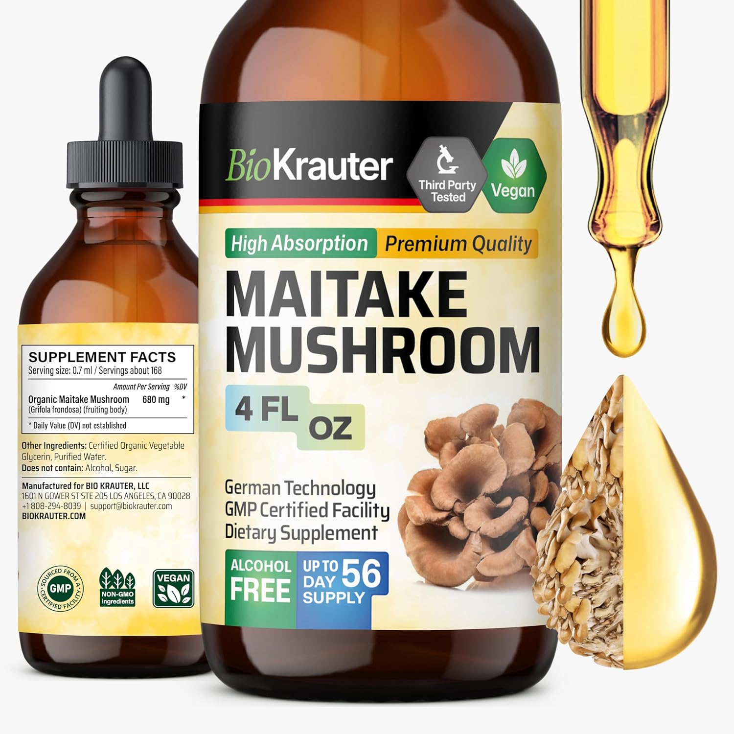 Bio Krauter Maitake Mushroom Extract - Maitake Liquid Supplement For Immune Support - 680 Mg Per Serving - Vegan, Alcohol & Sugar Free Drops 4 Fl.Oz