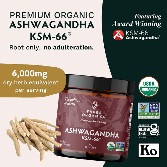 Tribe Organics Ashwagandha Ksm 66 Pure Organic Root Powder Extract Ayurvedic Supplement - Focus Mood Support Increase Energy Strength 600Mg Of Natural Ksm66 For Superior Absorption - 90 Capsules