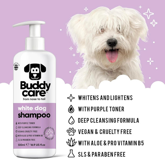 White Dog Shampoo by Buddycare | Brightening and Whitening Shampoo for Dogs | Deep Cleansing, Fresh Scented | With Aloe Vera and Pro Vitamin B5 (500ml)?B1