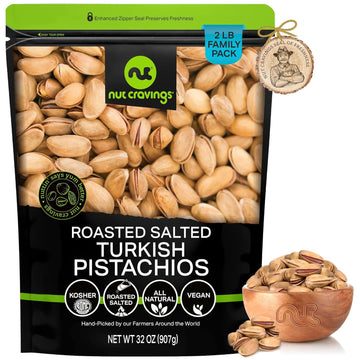 Nut Cravings - Roasted & Lightly Salted Turkish Pistachios Antep (32oz - 2 LB) Packed Fresh in Resealable Bag - Nut Snack - Healthy Protein Food, All Natural, Keto Friendly, Vegan, Kosher