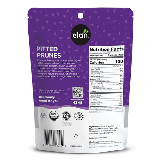 Elan Organic Pitted Prunes, 7.9 Oz, Natural Dried Fruit, No Sugar Added, Sulphite-Free, Non-Gmo, Vegan, Gluten-Free, Kosher, Healthy Snack, Dried Plums