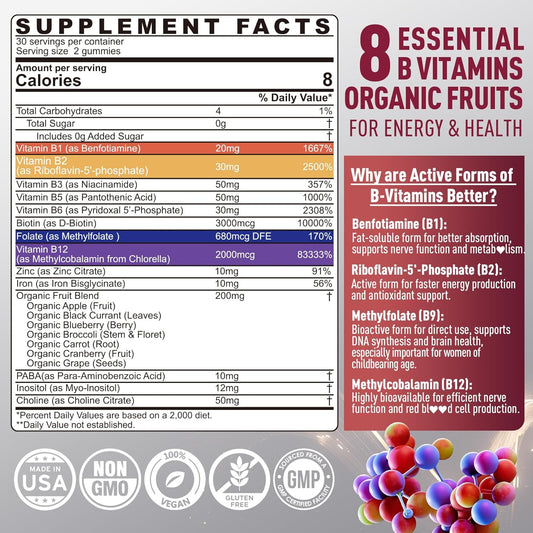 Brain & Mood Support Gummies, Super Vitamin B Complex For Men & Women, All B Vitamin B1 B2 B3 B5 B6 B7 B9 Methyb12 With Paba, Inositol, Choline, Supports Mthfr Gene & Energy, Vegan, 120Ct