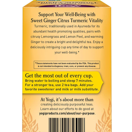 Yogi Tea Sweet Ginger Citrus Turmeric Vitality Tea - 16 Tea Bags Per Pack (6 Packs) - Organic Ginger Turmeric Tea - Supports Well-Being - Includes Turmeric Root, Ginger Root, Cinnamon Bark & More