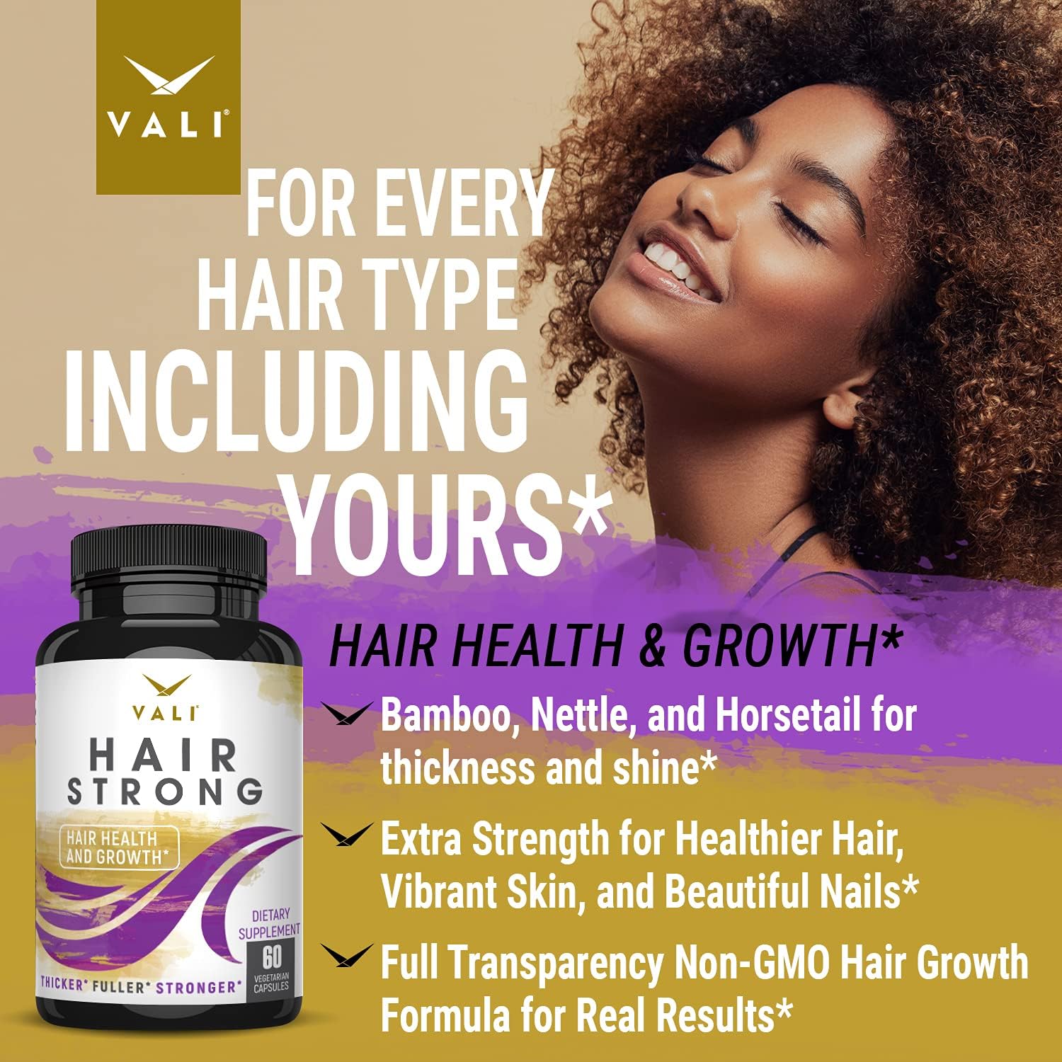 VALI Hair Strong Health & Growth Vitamins with Biotin, Keratin & Collagen - 60 Veggie Capsules. Extra Strength Supplement for Stronger, Thicker, Fuller, Healthier Hair, Skin & Nails. for Women & Men : Beauty & Personal Care