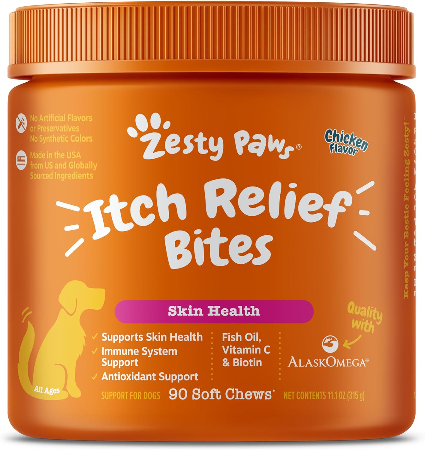 Zesty Paws Itch Relief For Dogs - For Itching Skin & Coat Health - Omega-3 Fish Oil With Epa & Dha - Dog Bites Supplement With Vitamin C & E For Antioxidant Support - Chicken Flavor - 90 Count