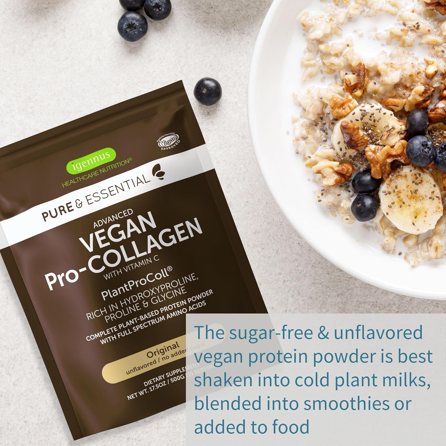 Pure & Essential Vegan Collagen Peptide Powder, Enhanced with Glycine, Proline & Hydroxyproline & Cofactor Vitamin C, Non GMO, Complete Vegetarian Plant Based Collagen Powder Booster, 35 Servings : Health & Household