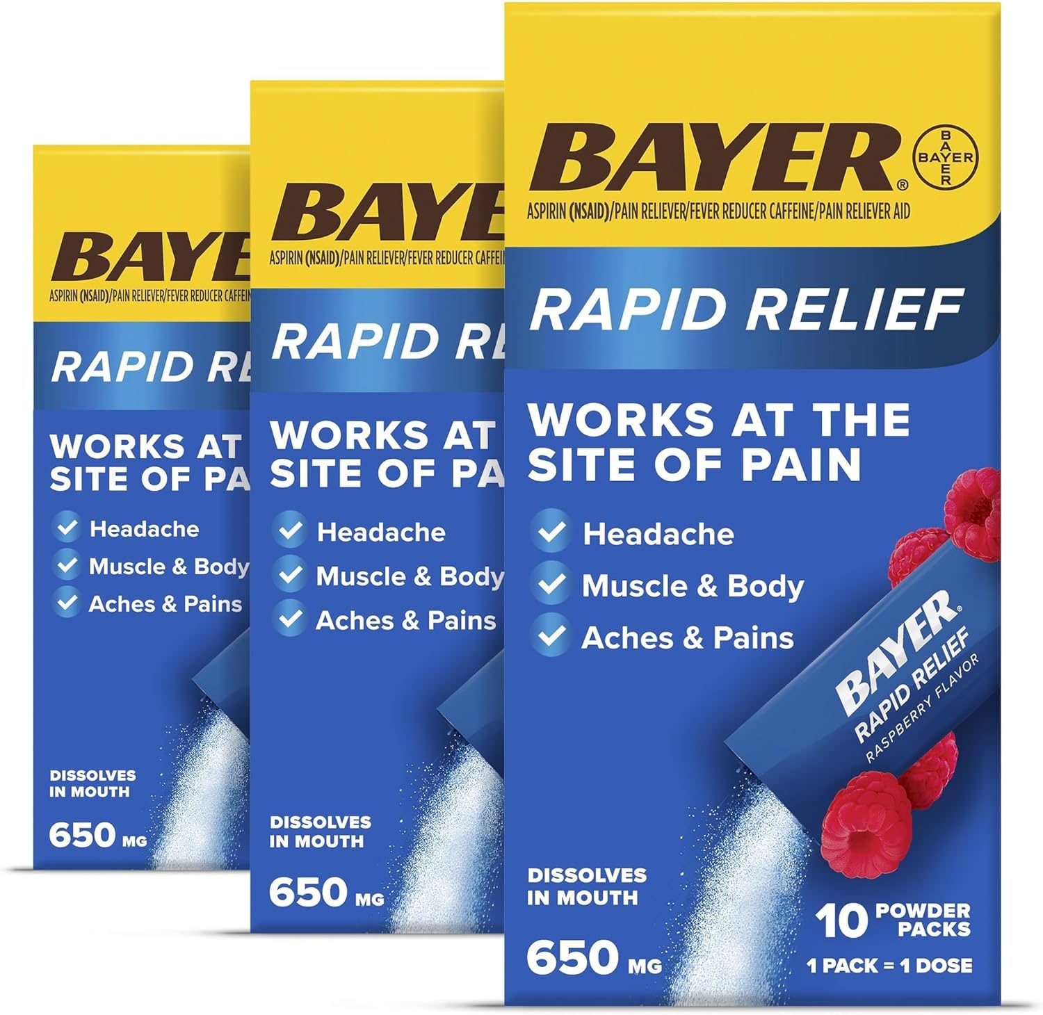 Bayer New Rapid Relief Powder Packs With Aspirin & Caffeine, Dissolvable Fast Acting Pain Relief, Works At Site Of Pain To Relieve Headache, Muscle And Body Pain, Raspberry Flavor, 30 Count