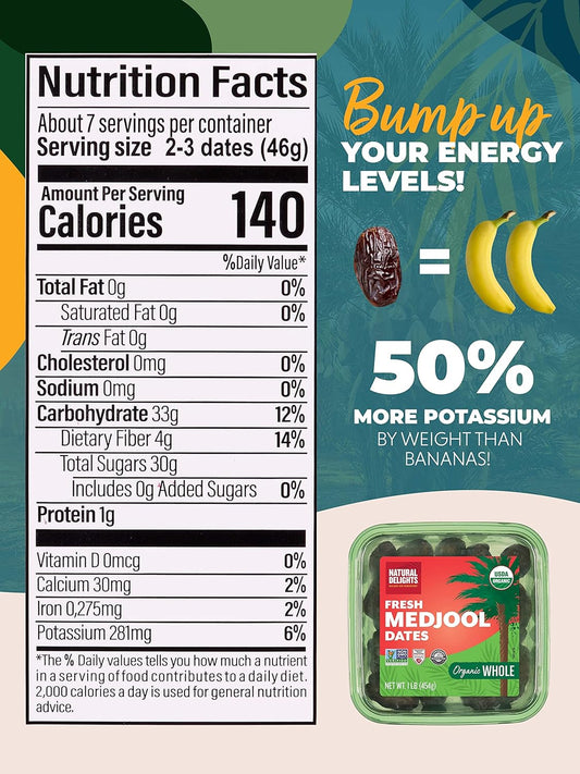 Natural Delights Organic Medjool Dates – Large & Plump Usda Certified , Non-Gmo Verified, Good Source Of Fiber, Naturally Sweet Fruit Snack, Perfect For On-The-Go - Whole Medjool Dates Organic, 1 Lb Oz Container