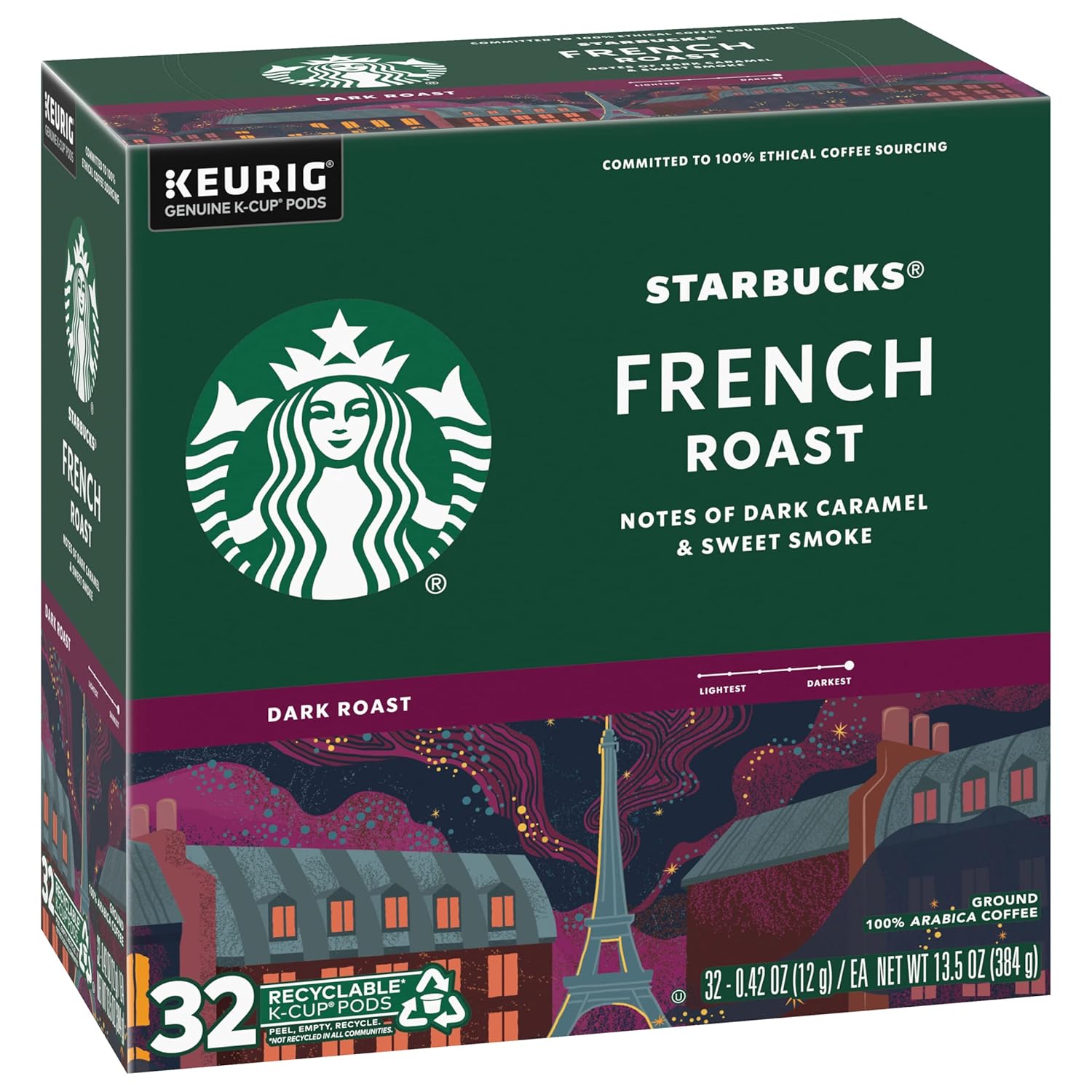 Starbucks Coffee K-Cup Pods, French Roast, Dark Roast Coffee, Notes of Dark Caramel & Sweet Smoke, Keurig Genuine K-Cup Pods, 32 CT K-Cups/Box (Pack of 1 Box)
