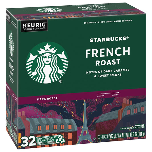 Starbucks Coffee K-Cup Pods, French Roast, Dark Roast Coffee, Notes of Dark Caramel & Sweet Smoke, Keurig Genuine K-Cup Pods, 32 CT K-Cups/Box (Pack of 1 Box)