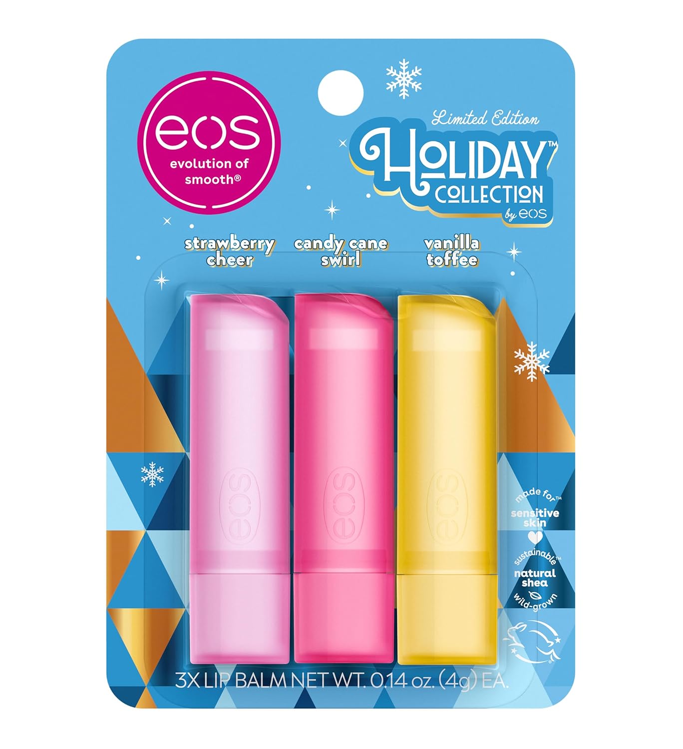 eos Holiday Lip Balm Gift- Strawberry Cheer, Candy Cane Swirl & Vanilla Toffee, Stocking Stuffers, All-Day Moisture Lip Care, 0.14 oz, 2-Pack