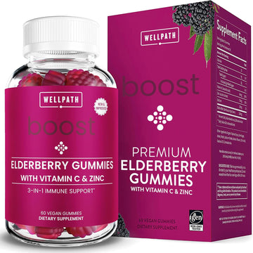 Wellpath Boost Elderberry Gummies With Zinc & Vitamin C | Immune Support Supplement For Adults | Immunity Booster Vitamins | Sambucol Black Gummy | Non-Gmo & Vegan, 60 Ct