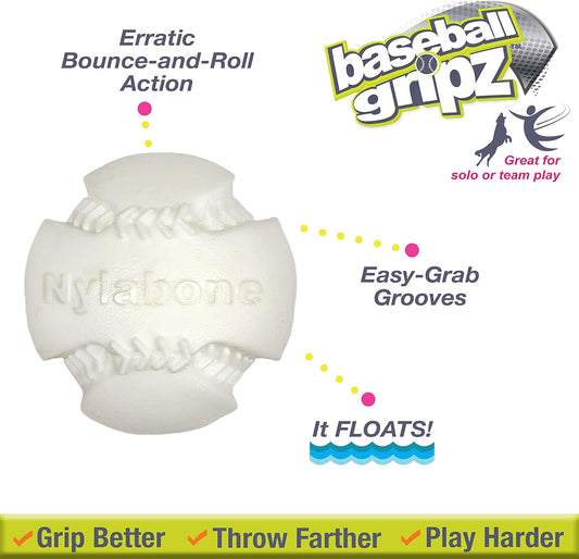 Nylabone Power Play Baseball Gripz Fetch Toy, Squeaky Ball Chew Toy For Dogs, Medium (1 Count)