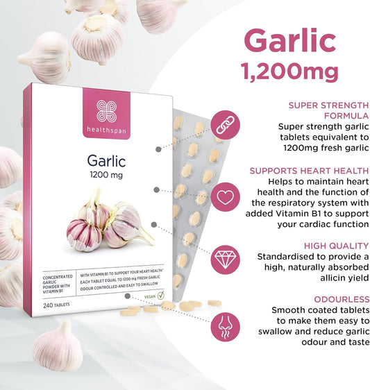Healthspan Garlic 1,200Mg (240 Tablets) |Supports Heart Health & The Respiratory System | Maintains Normal Cholesterol Levels | Added Vitamin B1 | Odour-Controlled & Easy To Swallow | Vegetarian