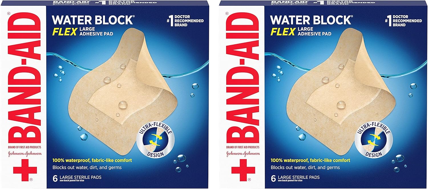 Band-Aid Brand Water Block Flex Large Adhesive Pads, 100% Waterproof Bandage Pads For First-Aid Care Of Minor Cuts, Scrapes & Wounds, Ultra-Flexible Design, Sterile, Large, 2 X 6 Ct