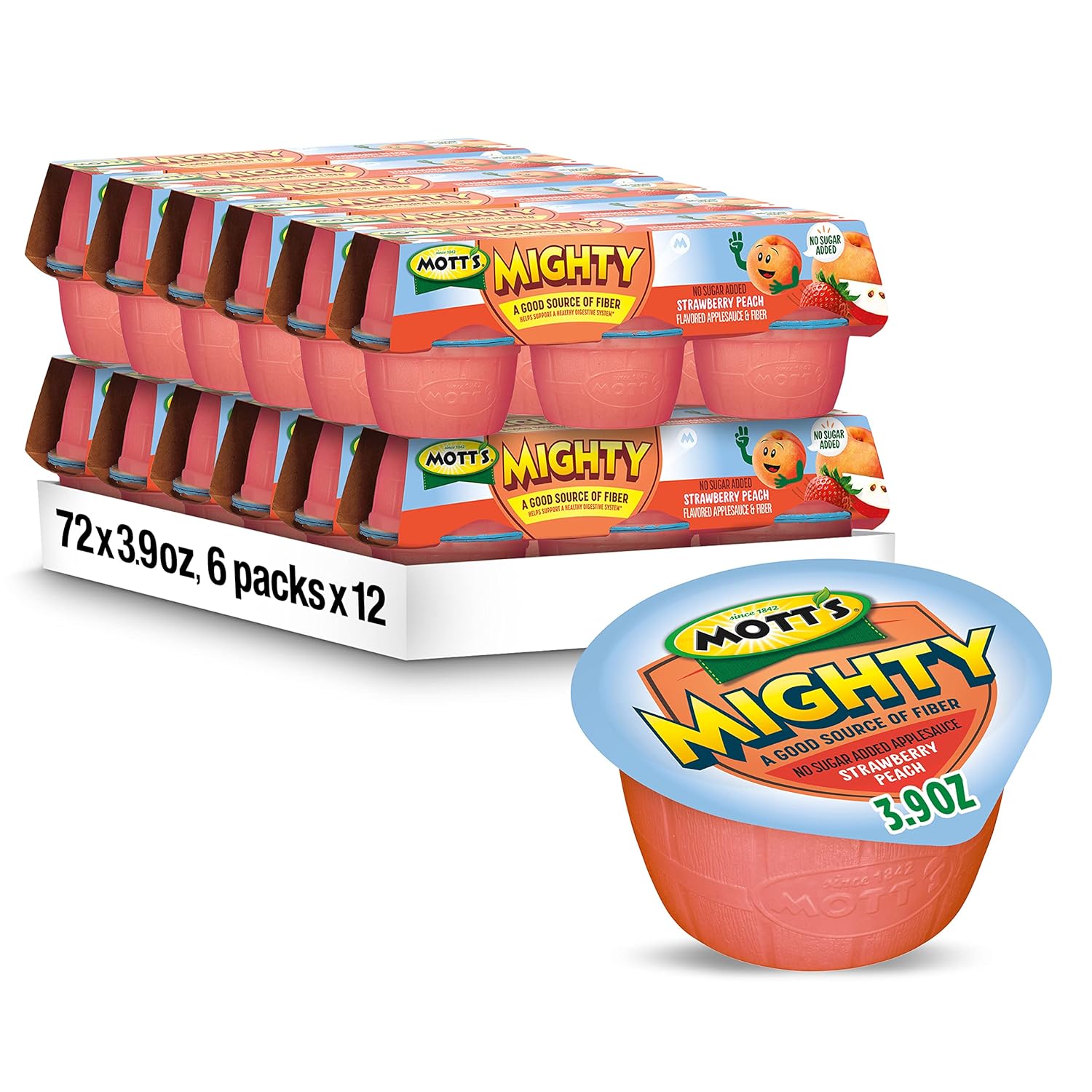 Mott'S Mighty Strawberry Peach Applesauce, 3.9 Oz Cups, 72 Count (12 Packs Of 6), No Sugar Added, Good Source Of Fiber, Supports A Healthy Digestive System, Gluten-Free, Kosher