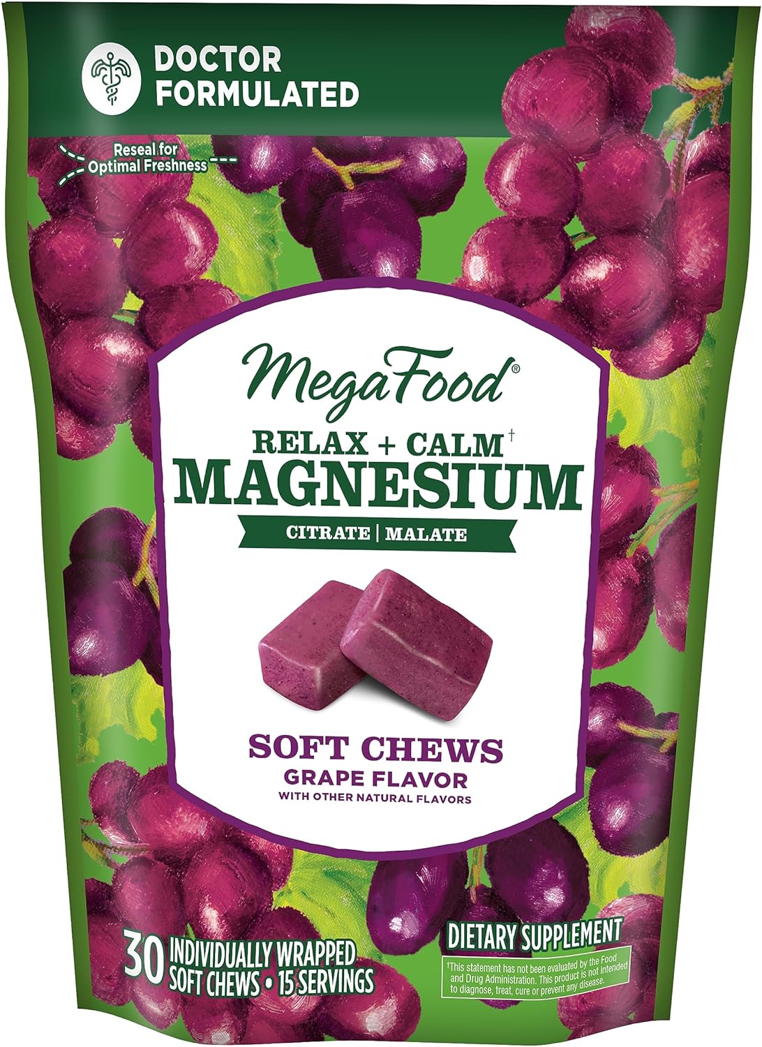 Megafood Relax + Calm Magnesium Supplement - Soft Chews With Magnesium Citrate & Magnesium Malate For Heart Health, Muscle Tension & More - Vegetarian - Grape-Flavor - 30 Chews Per Pack (Pack Of 1)