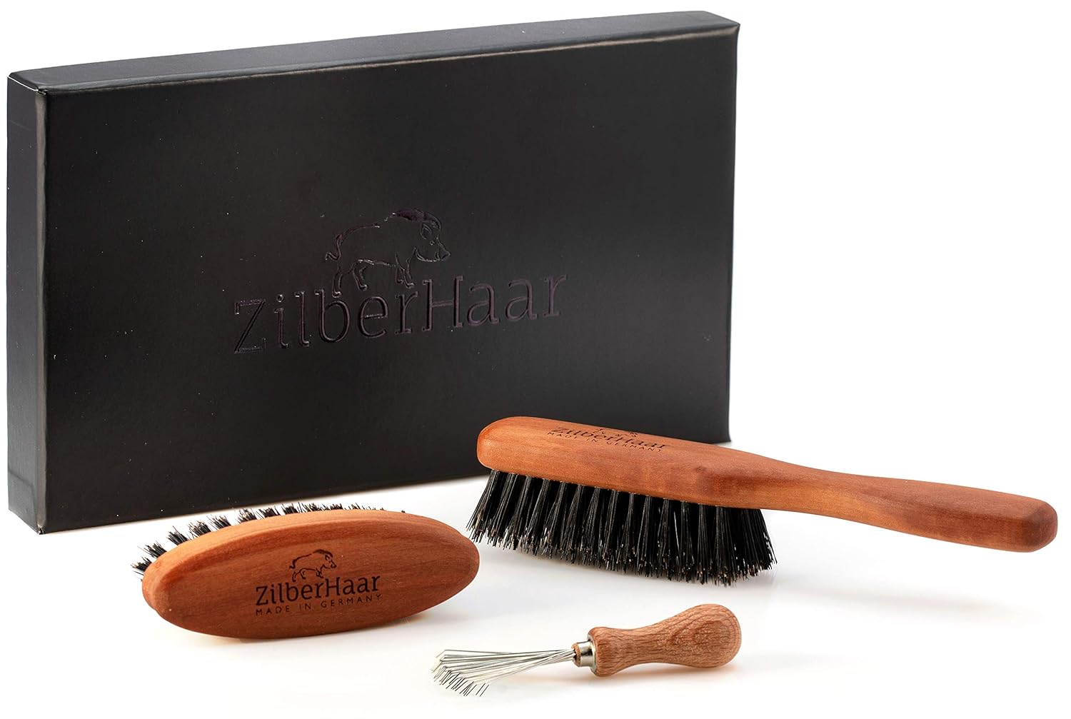 Zilberhaar Beard Brush Grooming Kit - Stiff Bristles Boar Bristles - Ideal For Medium To Long, Thick Beards - Distributes Balm & Oil For Growth/Styling - With Brush Cleaning Tool