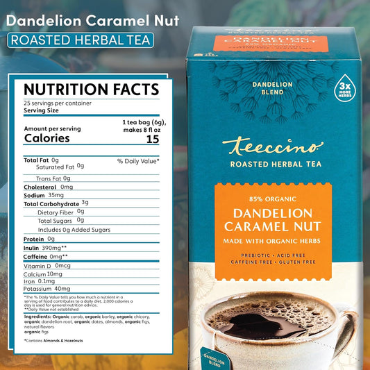 Teeccino Dandelion Caramel Nut Tea - Caffeine Free, Roasted Herbal Tea With Prebiotics, 3X More Herbs Than Regular Tea Bags, Gluten Free - 25 Tea Bags