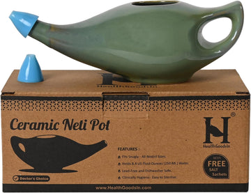Healthgoodsin Ceramic Neti Pot, Premium Handcrafted Durable, Dishwasher Safe, Nasal Cleansing 450 Ml. Capacity (Blue Elegant)