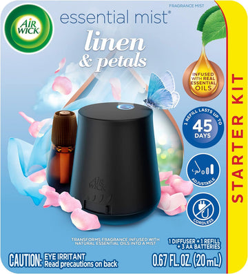 Air Wick Essential Mist Starter Kit (Gadget + 1 Refill), Linen & Petals, Air Freshener, Essential Oils