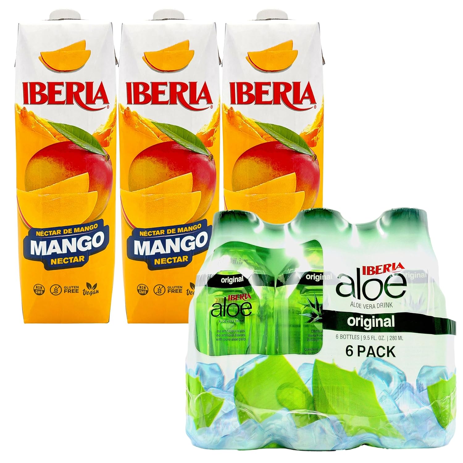 Iberia Mango Nectar, 33.8 fl. oz., (Pack of 3) + Iberia Aloe Vera Drink with Pulp 9.5 fl oz, Original (Pack of 6) : Grocery & Gourmet Food