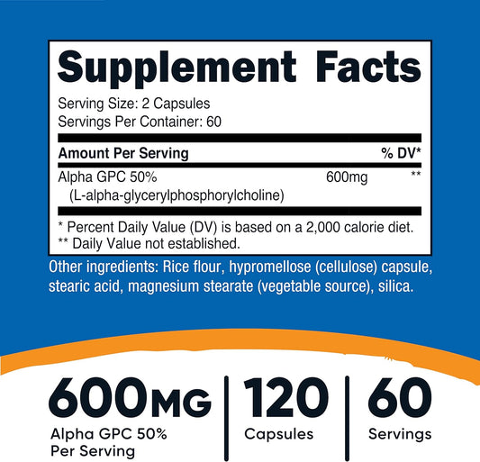 Nutricost Alpha GPC 600mg, 120 Vegetarian Capsules - Non-GMO and Gluten Free, 300mg Per Capsule