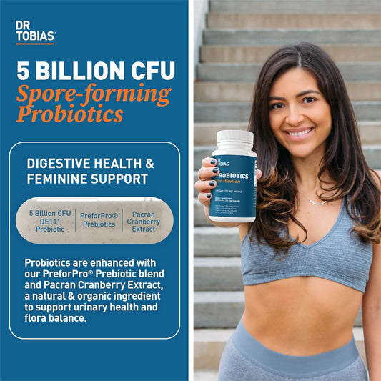 Dr. Tobias Probiotics For Women, 5 Billion Cfus With Cranberry Extract For Feminine Support, Gut Health & Urinary Tract Health For Women, Prebiotics And Probiotics For Women, 60 Capsules, 30 Servings