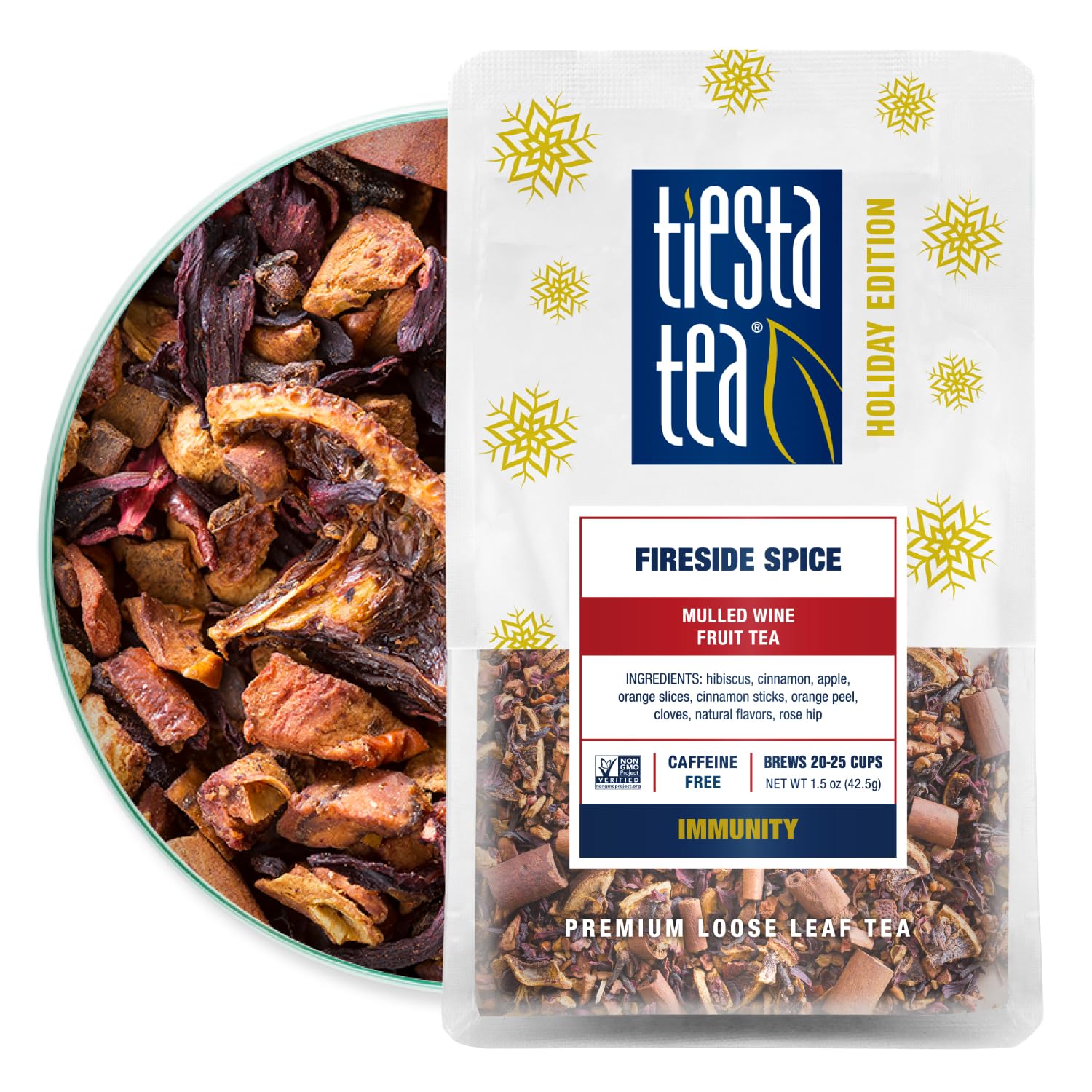 Tiesta Tea - Fireside Spice, Mulled Wine Herbal Tea, Premium Loose Leaf Tea Blend, Non Caffeinated Holiday Teas, Make Hot Or Iced Tea & Brews Up To 25 Cups - 1.5 Ounce Resealable Pouch