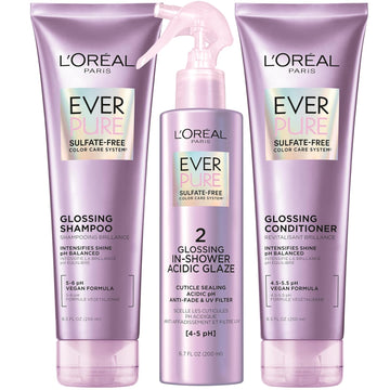 L'Oreal Paris Sulfate Free Glossing Shampoo And Conditioner Set With Hair Treatment, Intensifies Hair Shine & Smoothness, Ph Balanced Vegan Hair Care, Everpure, 8.5 Fl Oz