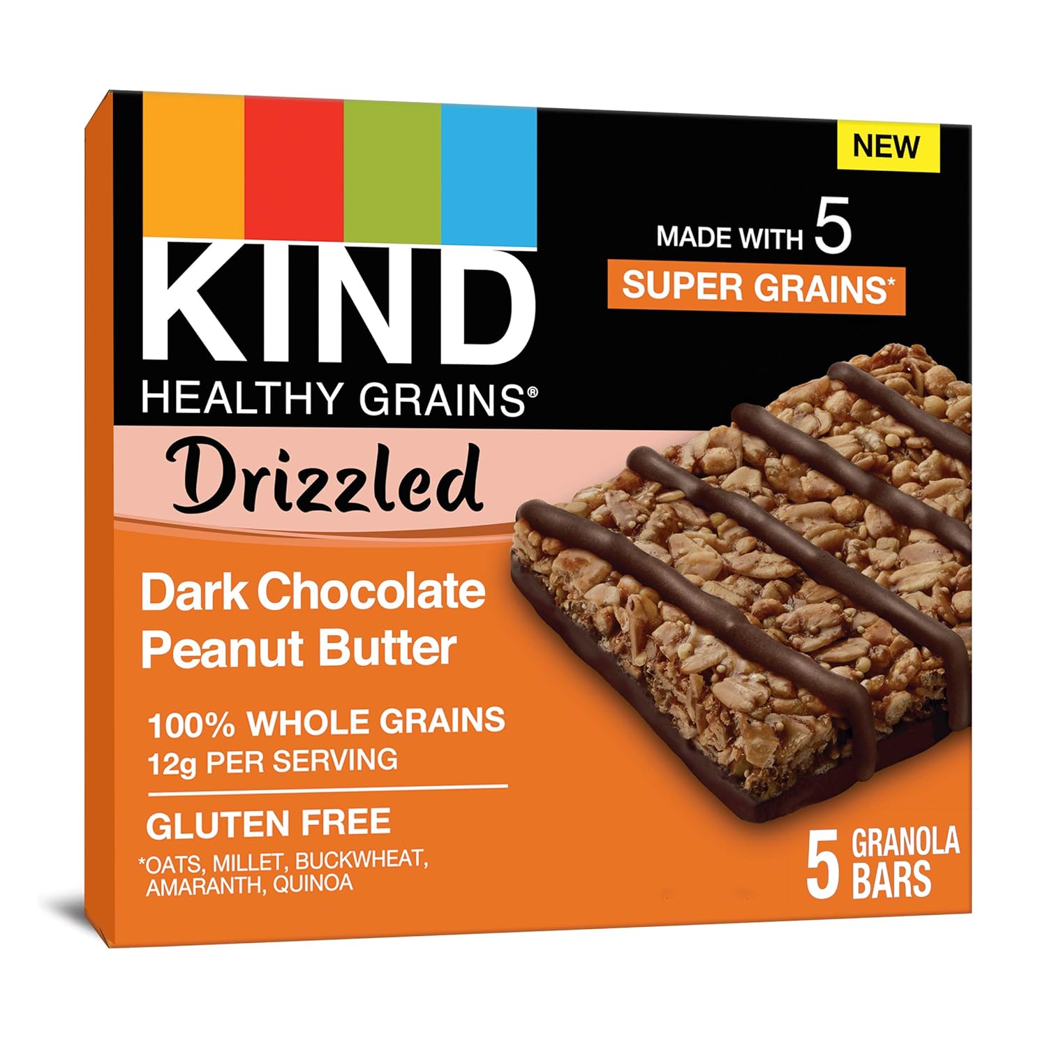 Kind Healthy Grains Bars Drizzled, Dark Chocolate Peanut Butter, Gluten Free, 1.2 Oz, (8 Pack), 40Count