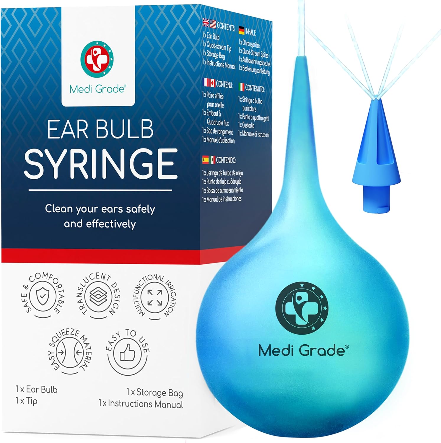 Medi Grade Ear Bulb Syringe - Effective Ear Wax Removal Tool With Add-On Quad-Stream Tip - Travel-Friendly Ear Cleaning Kit For Gentle Ear Cleaning - Ear Flusher For Ear Wax - 2.54 Fl Oz